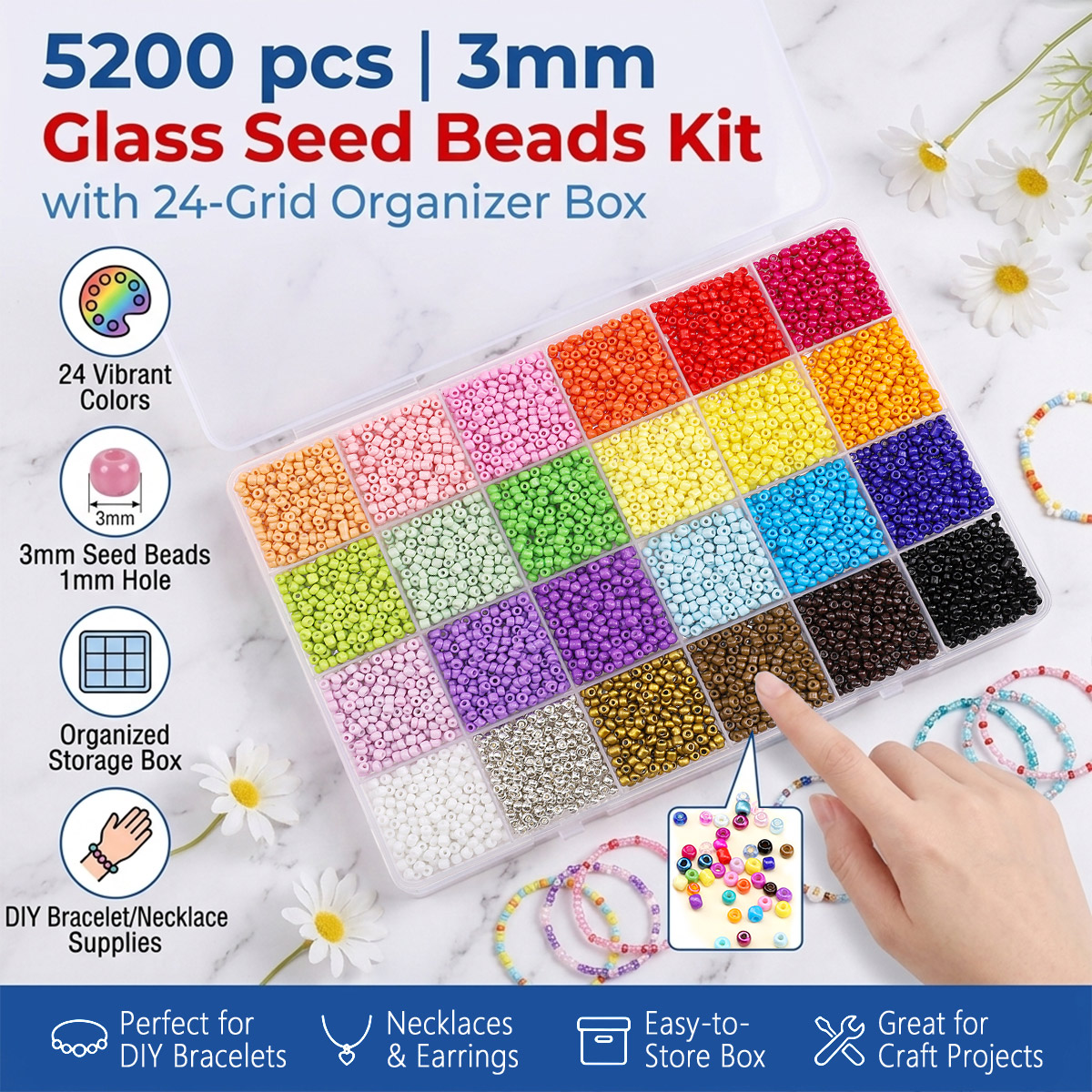 Jewelry Making Organizer - 5200pcs 3mm Glass Seed Beads Kit