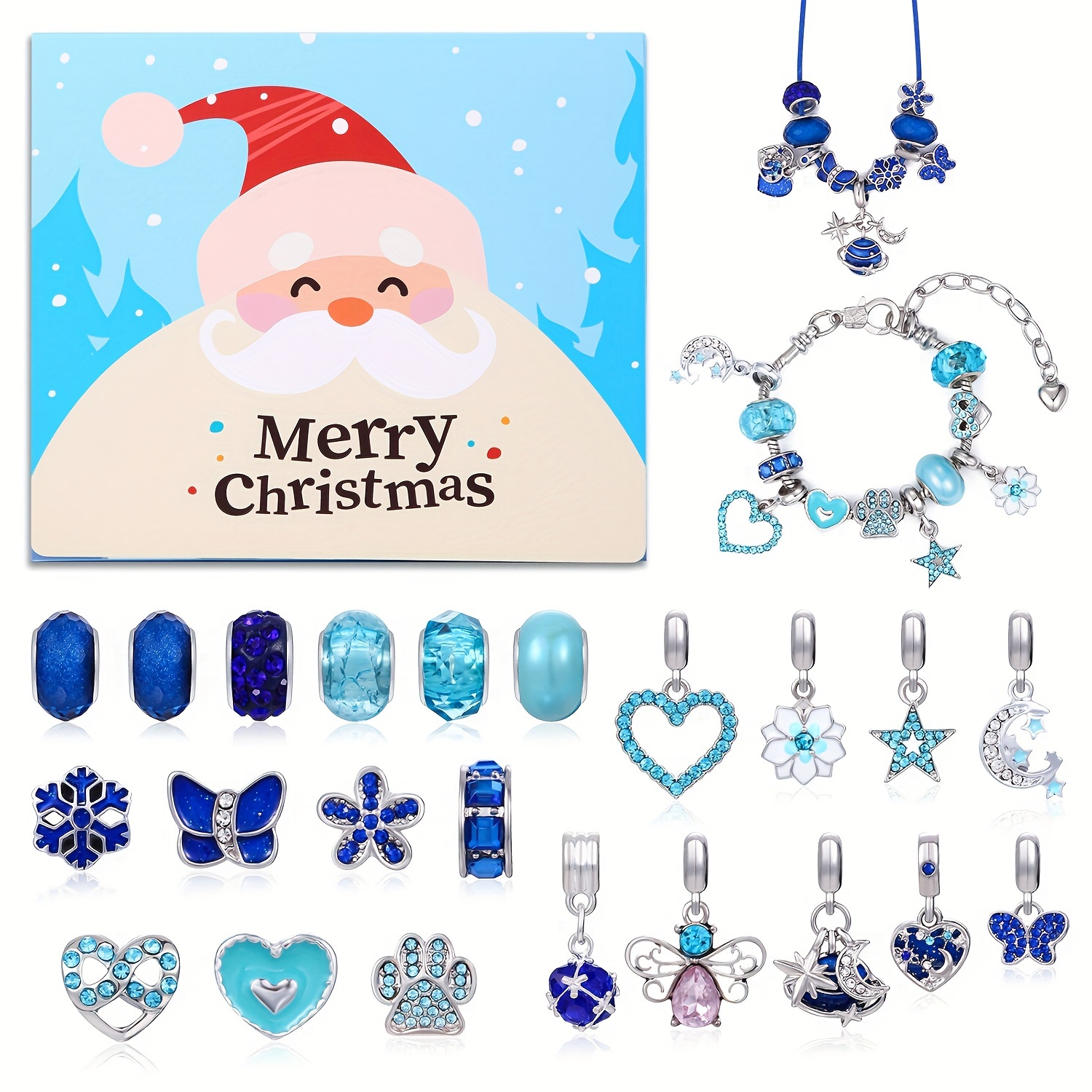 Jewelry Making Advent Calendar - Blue Santa Claus Series Countdown Gifts,